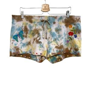 Lucky‎ brand L/XL sweatpants shorts tie dye embroidered floral mushroom boho Y2K